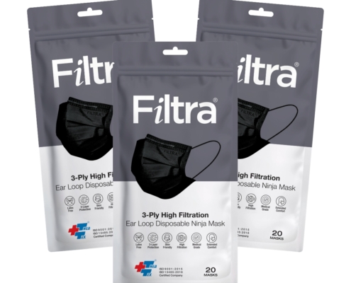 3-Ply Ear Loop Black Pouch Pack of 3